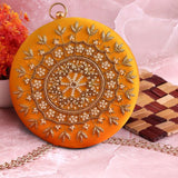Round Zari Embroidered Pearl Bridal Clutch | Mustard - ArtFlyck