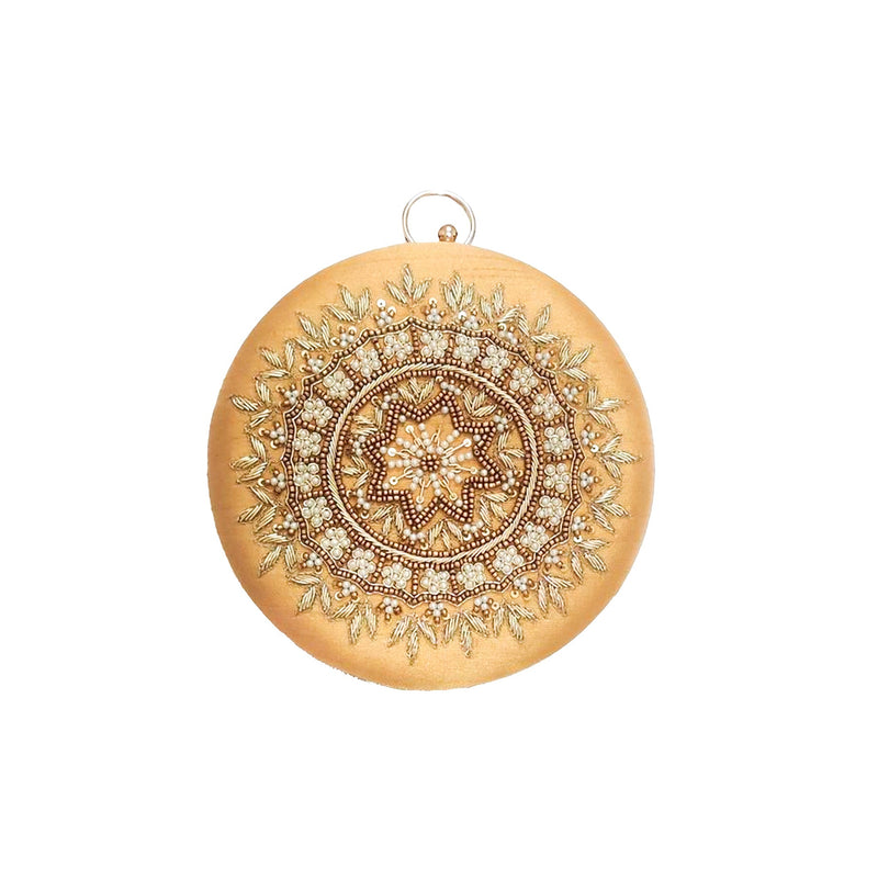 Round Zari Embroidered Pearl Bridal Clutch | Mustard - ArtFlyck