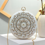 Round Zari Embroidered Pearl Bridal Clutch | Off White - ArtFlyck