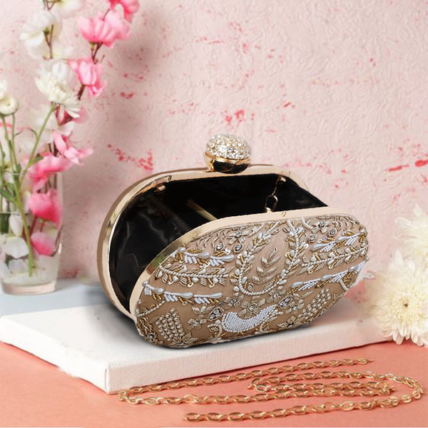 Zari Embroidered Pearl Bridal Clutch | Golden Colour - ArtFlyck
