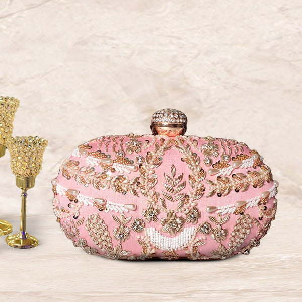 Zari Embroidered Pearl Bridal Clutch | Pastel Pink Colour - ArtFlyck