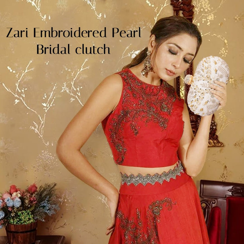 Zari & Pearl Embroidered Bridal Clutch | Off White - ArtFlyck