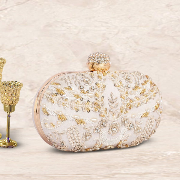 Zari & Pearl Embroidered Bridal Clutch | Off White - ArtFlyck
