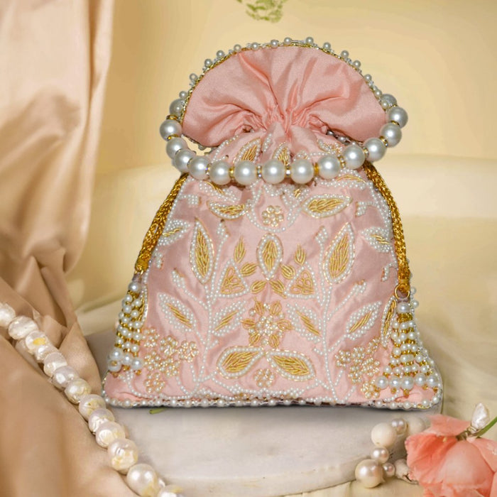 Zoya Pearl Zardozi Peach Potli